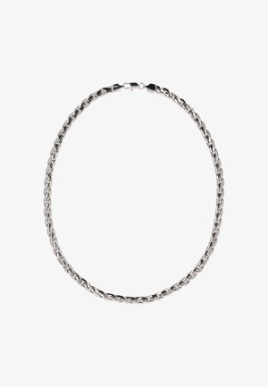 Zilveren roestvrijstalen ketting, met verknopte schakels met een gladde afwerking en een veilige sluiting. Klassiek ontwerp, minimale textuur.