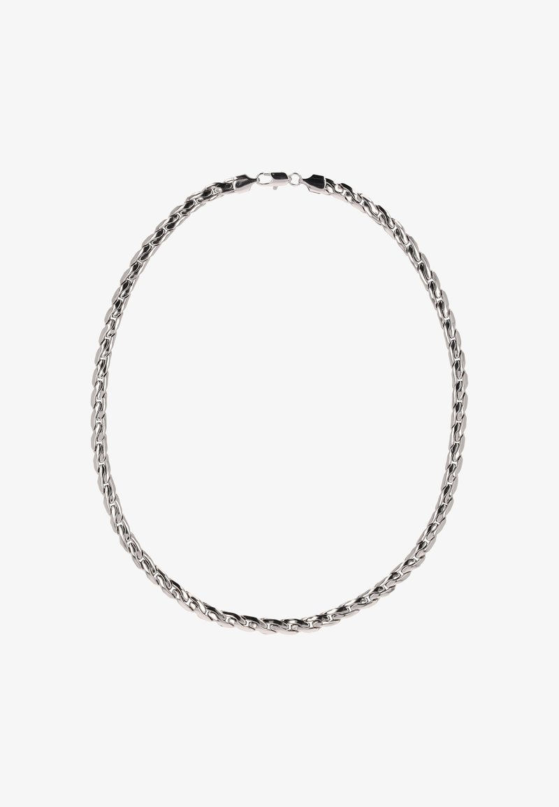 Sølv rustfrit stål kæde halskæde med sammenkoblede led, der har en glat overflade og en sikker lås. Klassisk design, minimal tekstur.