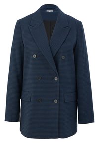 Blazer croisé bleu marine avec un petit motif à carreaux, revers à cran, six boutons noirs et deux poches avant à rabat.