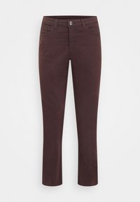 Pantaloni in denim elasticizzato marroni con cinque tasche, chiusura a zip e leggero taglio svasato. Tessuto liscio, vita media e dettagli di cucitura sottili.