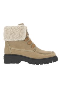 Stivaletto ankle in suede beige con risvolto in pelliccia sintetica, chiusura con lacci e suola in gomma nera. Presenta cuciture a contrasto e colletto imbottito.