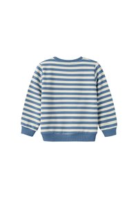 Sudadera de manga larga a rayas horizontales en azul y blanco, con puños y dobladillo acanalados, vista desde la parte de atrás sobre un fondo blanco.
