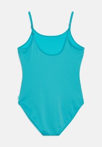 Maillot de bain une pièce en teal avec des bretelles fines, texture côtelée et décolleté arrondi. Présente une découpe modérée au niveau des jambes et une finition lisse.