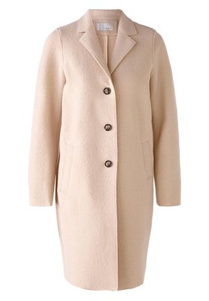 Beige wool coat with a structured design, single-breasted closure, notched collar, three buttons, and side pockets. Textured fabric.