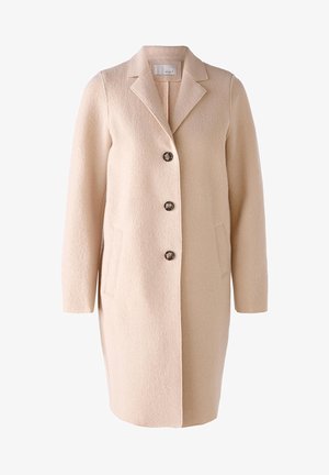Beige wool coat with a structured design, single-breasted closure, notched collar, three buttons, and side pockets. Textured fabric.