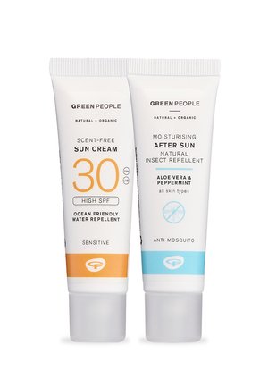Two eco-friendly tubes: one with orange accents labeled "Scent-Free Sun Cream SPF 30," the other with blue labeled "After Sun & Insect Repellent."