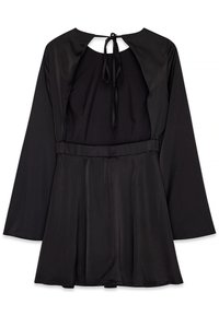Robe noire à manches longues, avec un corsage ajusté et une jupe évasée. Présente un dos en forme de clé avec des liens et une texture lisse et soyeuse.