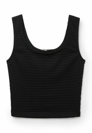 Schwarzes, strukturiertes ärmelloses Crop-Top mit breiten Trägern und Rundhalsausschnitt, flach auf weißem Hintergrund liegend.