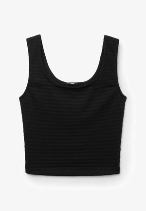 Schwarzes, strukturiertes ärmelloses Crop-Top mit breiten Trägern und Rundhalsausschnitt, flach auf weißem Hintergrund liegend.