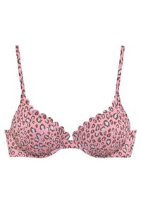 Lichtroze push-up bh met een leopardenprint in bruin en blauw. Voorzien van golvende randen en dunne verstelbare bandjes.