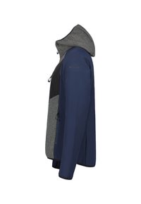 Giacca con cappuccio blu marina con parte anteriore in fleece grigio, pannello anteriore nero e zip laterali. Texture esterna liscia, con design strutturato del cappuccio.