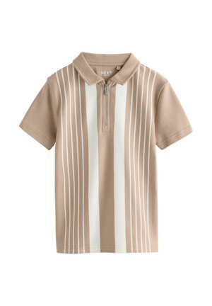 Bézs rövid ujjú galléros póló elülső cipzárral és függőleges fehér és bézs csíkokkal, puha gallérral.