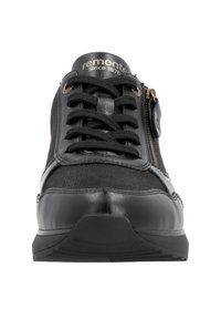Black lace-up sneaker with a textured fabric and smooth leather finish. Features a side zipper and contrasting matte and gloss accents.