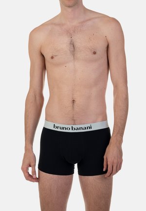 Schwarze Baumwollboxershorts mit grauem Bund, der das "bruno banani"-Logo trägt. Das Design hat eine enge Passform und eine glatte Textur.