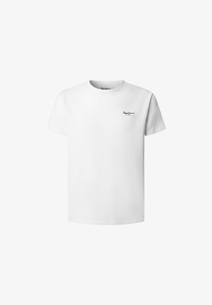 White cotton T-shirt featuring a crew neck, short sleeves, and a small black logo on the left chest. Smooth texture, standard fit.