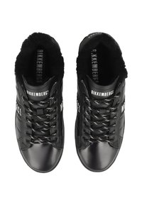 Black leather high-top sneakers with a fuzzy black lining, featuring white branding, black and white laces, and a textured side panel.