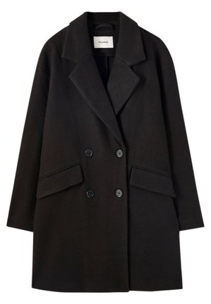 Schwarzer, doppeltreihiger Wollmantel mit Reverskragen, zwei vorderen Pattentaschen und langen Ärmeln, von der Marke Pull&Bear.