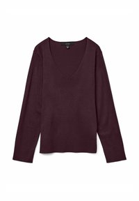 Maglione a collo a V di colore bordeaux, con maniche lunghe, polsini e orlo a coste. Tessuto morbido, vestibilità casual e design minimalista.