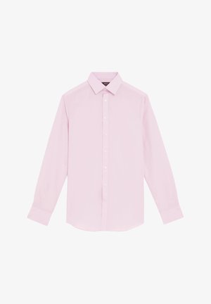 Lichtroze overhemd met lange mouwen, gemaakt van gladde stof, met een knoopsluiting aan de voorkant, puntkraag en standaard manchetten.