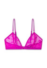 Roze proziran čipkast bralette s trokutastim čašicama, podesivim trakama i kopčanjem na kukice. Ima cvjetni uzorak i glatku teksturu.