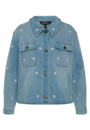 Lys blå denimjakke med blomsterbroderi, sølvknapper foran, to brystlommer og krave. Lange ærmer med manchetter.