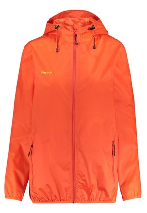 Veste à capuche orange vif avec fermeture éclair sur le devant, cordons de capuche ajustables, poches latérales zippées et logo "meru" sur la poitrine.