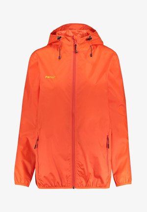 Veste à capuche orange vif avec fermeture éclair sur le devant, cordons de capuche ajustables, poches latérales zippées et logo "meru" sur la poitrine.