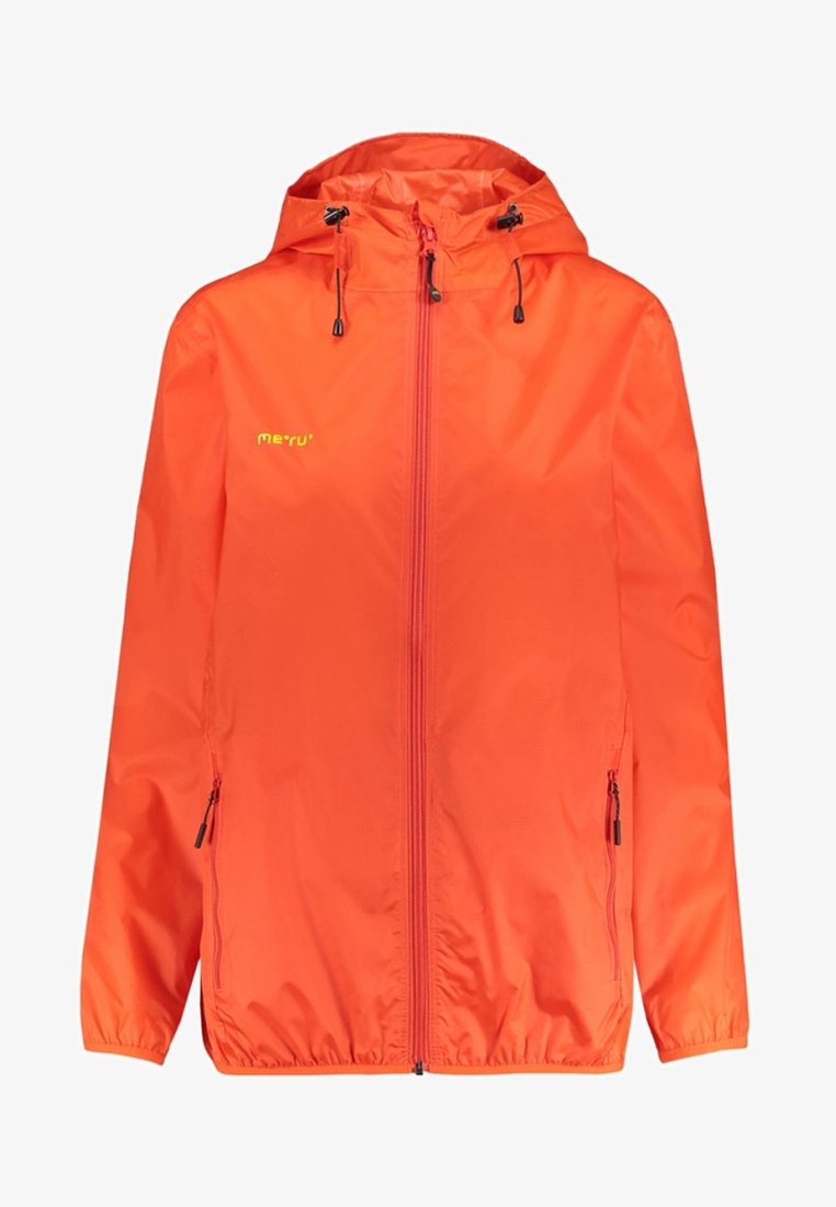 Veste à capuche orange vif avec fermeture éclair sur le devant, cordons de capuche ajustables, poches latérales zippées et logo "meru" sur la poitrine.