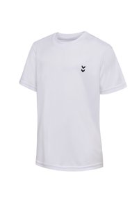 Vit kortärmad tränings-t-shirt i ett andningsbart material, med rund halsringning och en svart chevron-logotyp på vänster bröst.