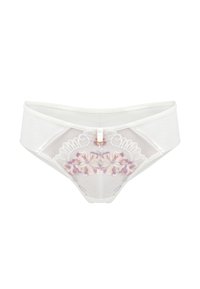 Białe koronkowe majtki z kwiecistym haftem w odcieniach różu i fioletu. Przezroczysta przednia część, solidne boki i mała dekoracyjna pętelka z tyłu.