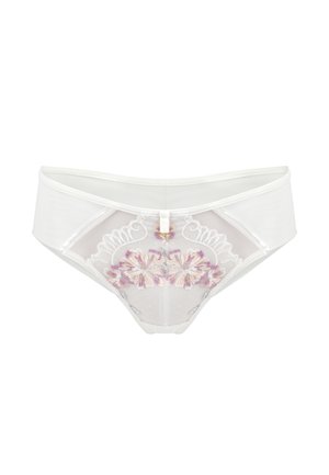 Białe koronkowe majtki z kwiecistym haftem w odcieniach różu i fioletu. Przezroczysta przednia część, solidne boki i mała dekoracyjna pętelka z tyłu.