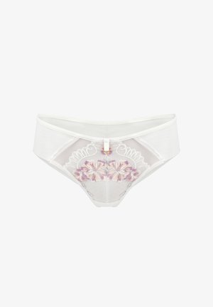 Białe koronkowe majtki z kwiecistym haftem w odcieniach różu i fioletu. Przezroczysta przednia część, solidne boki i mała dekoracyjna pętelka z tyłu.