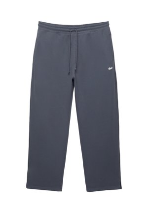 Graue Jogginghose aus weichem Material, mit einem elastischen Taillenbund und einem Kordelzug sowie einem kleinen Logo auf der linken Seite.