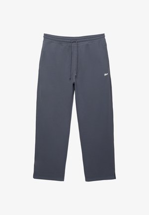 Pantalons de survêtement gris en tissu doux, dotés d'une taille élastique avec cordon de serrage et d'un petit logo sur le côté gauche.