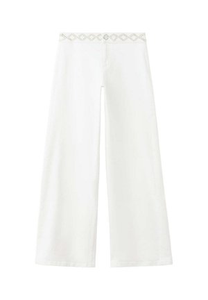 Pantalon blanc à jambes larges avec un motif décoratif en losange le long de la taille, présenté à plat sur un fond blanc.