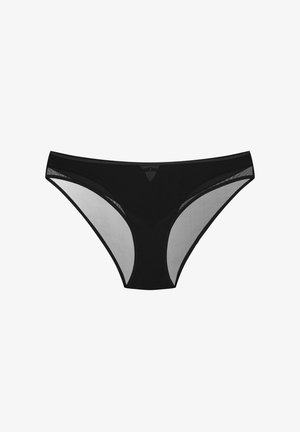 Black bikini-style women's underwear with mesh panels on sides and a small triangular design at the waistband center.