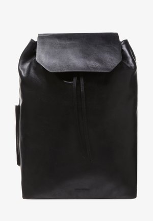 Black leather backpack with a fold-over flap, drawstring closure, and a smooth texture. Simple design with no visible hardware or patterns.