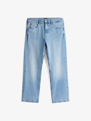 Lyseblå denim jeans med lige ben, fem lomme-design og knaplukning. Har subtil forvitring og typiske syninger.