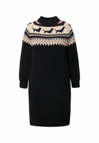 Schwarzes gestricktes Kleid mit einem creme- und marineblauen, gemusterten Einschnitt, der Tiere und Zickzack-Designs zeigt. Lange Ärmel mit gerippten Bündchen und Saum.