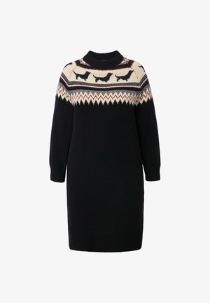 Zwarte gebreide jurk met een crèmekleurige en marineblauwe patroonkraag met dieren en zigzagontwerpen. Lange mouwen met ribgebreide cuffs en onderrand.
