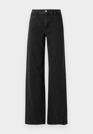 Calças de ganga pretas de pernas largas com uma cintura alta, apresentando um estilo clássico de cinco bolsos e um fecho com botão. Textura suave e detalhes de costura discretos.