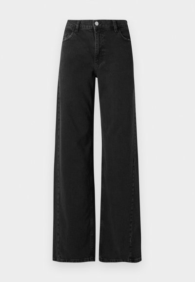 Wide-leg black denim jeans with a high waist, featuring classic five-pocket styling and a button closure. Smooth texture and subtle stitching details.