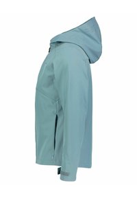 Light blue waterproof jacket with a hood, featuring a zippered side pocket, adjustable cuffs, and smooth texture.