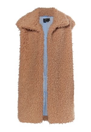 Faux fur mouwloze vest in lichtbruin met een pluche textuur, open voorkant en lichtblauwe voering. Klassieke kraag bij de halslijn.