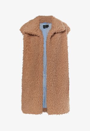 Gilet sans manches en fausse fourrure couleur brun clair avec une texture pelucheuse, devant ouvert et doublure bleu clair. Col classique au niveau du cou.
