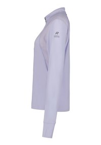 Maglietta a maniche lunghe viola chiaro con colletto zip, pannelli in rete sulle spalle e un piccolo logo stampato sulla manica destra.