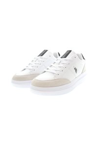 Vita sneakers med en slät läderkropp och mockadetaljer. Har snörning, texturerad sula och en logotypdetalj på sidan.