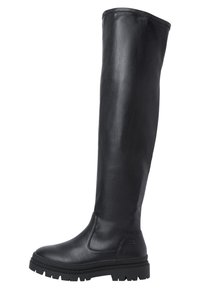 Schwarze Lederstiefel bis zum Knie mit glatter Oberfläche, runder Zehenform und Gummisohle mit einem Zickzackmuster für besseren Halt. Keine sichtbaren Beschläge.