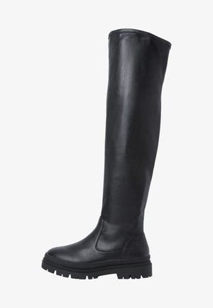 Schwarze Lederstiefel bis zum Knie mit glatter Oberfläche, runder Zehenform und Gummisohle mit einem Zickzackmuster für besseren Halt. Keine sichtbaren Beschläge.