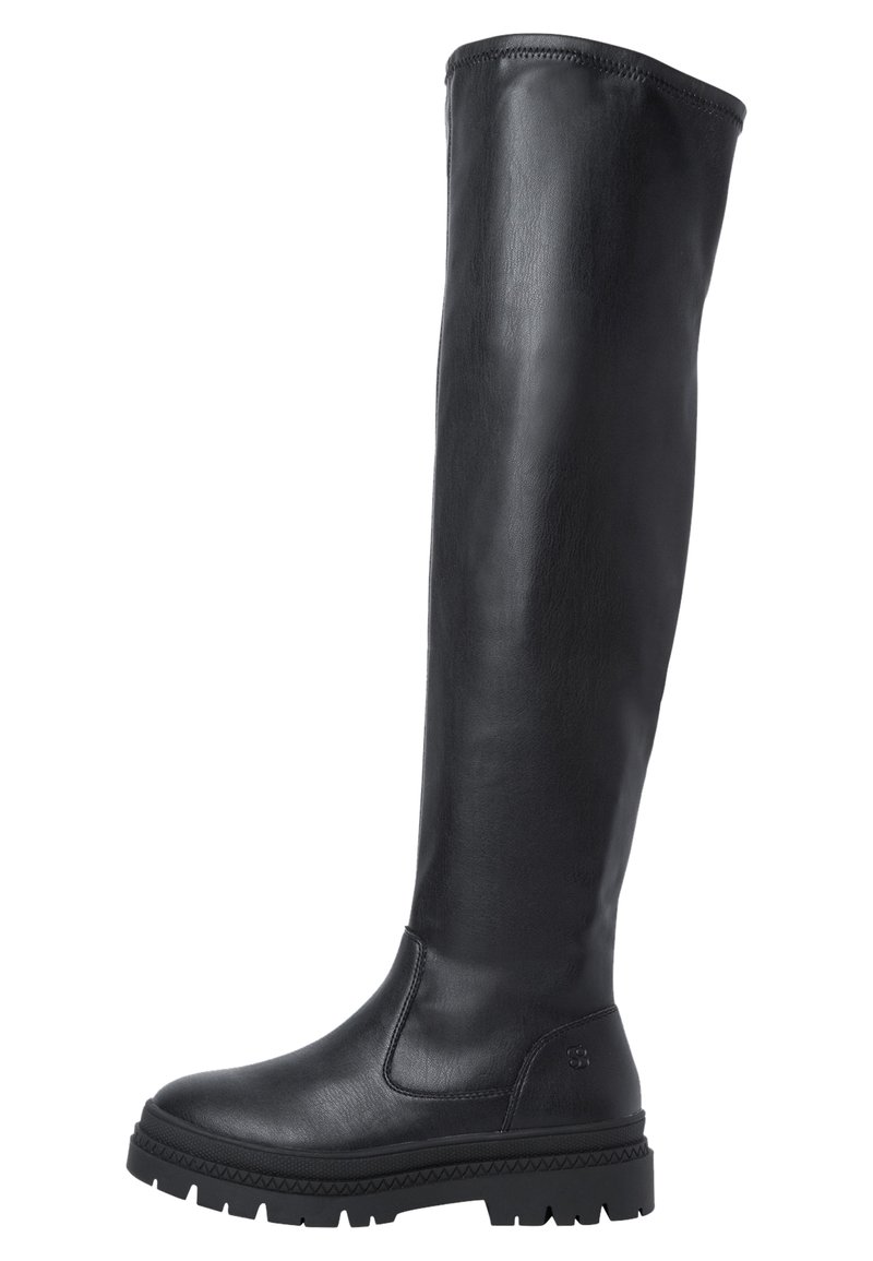 Schwarze Lederstiefel bis zum Knie mit glatter Oberfläche, runder Zehenform und Gummisohle mit einem Zickzackmuster für besseren Halt. Keine sichtbaren Beschläge.